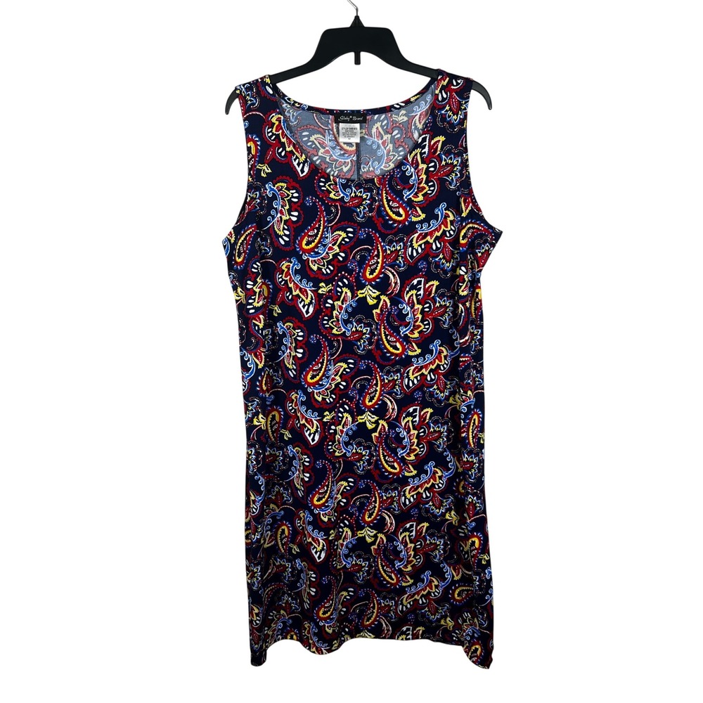 Slinky Brand Tank Dress Women Medium Navy Paisley Sleeveless Knit Midi Bohemian